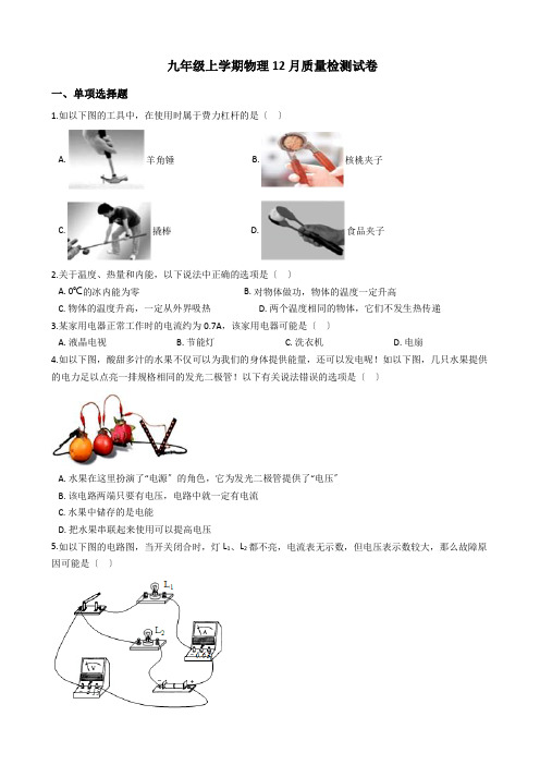 江苏省东台市九年级上学期物理12月质量检测试卷附答案