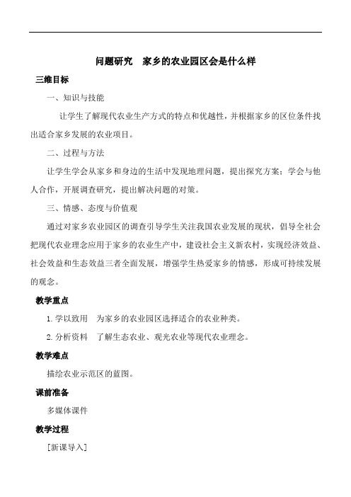 人教版高中地理必修2 第3章问题研究 家乡的农业园区会是什么样 教案