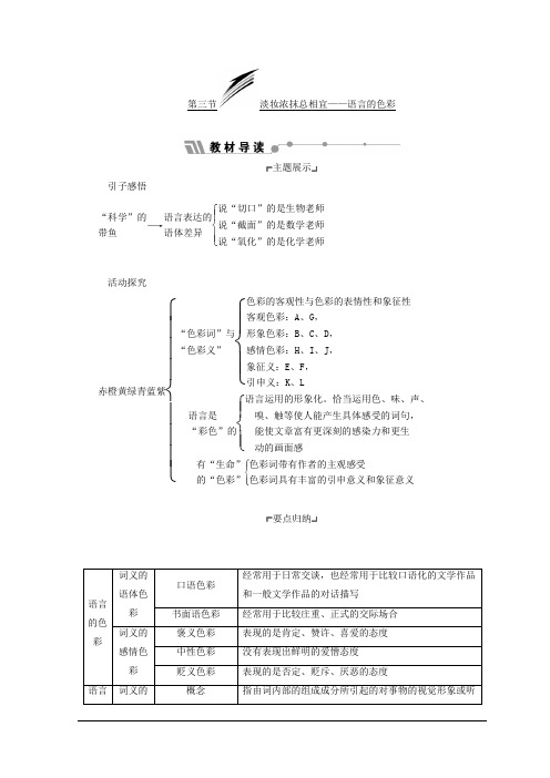 高中语文人教版选修语言文字应用教学案：第六课 第三节 淡妆浓抹总相宜——语言的色彩 Word版含答案