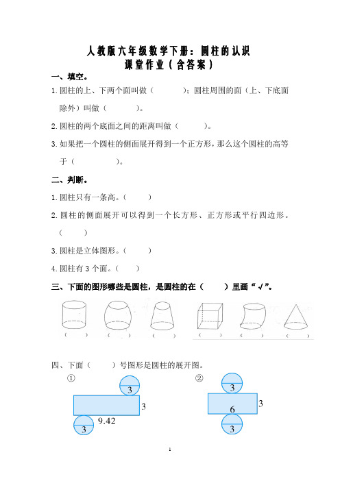 人教版六年级数学下册：圆柱的认识课堂练习含答案