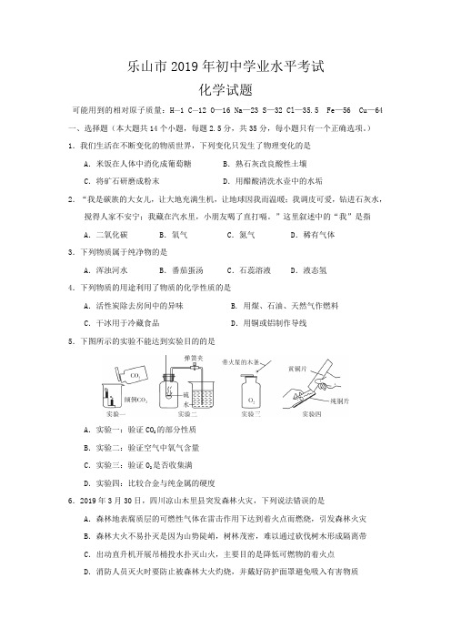 2019年四川乐山中考化学试题及答案(WORD版)