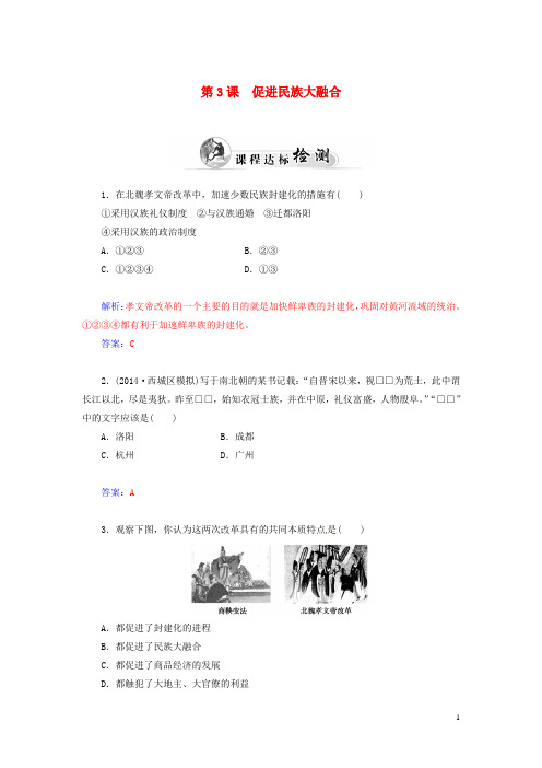 高中历史 第3课 促进民族大融合检测试题 新人教版选修1