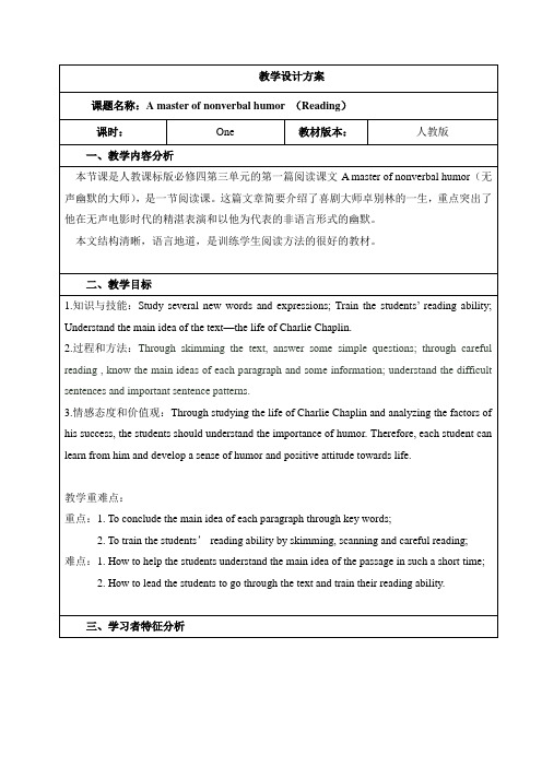 河北省奋飞中学人教版高中英语必修四教学设计：Unit 3 A master of nonverbal humor (Reading)
