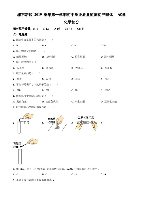 上海市浦东新区2019-2020学年九年级上学期期末(一模)化学试题(原卷版)