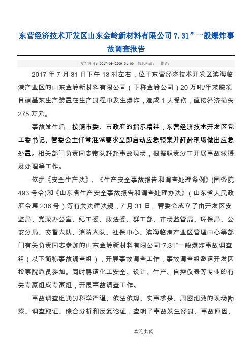东营经济技术开发区山东金岭新材料有限公司7.31”一般爆炸事故调查报告