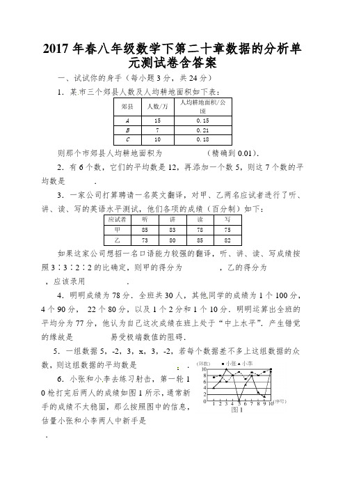 2017年春八年级数学下第二十章数据的分析单元测试卷含答案