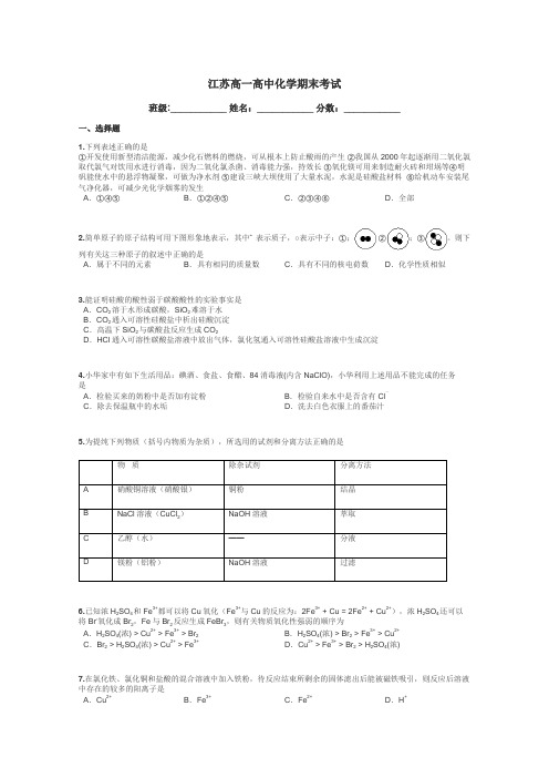 江苏高一高中化学期末考试带答案解析
