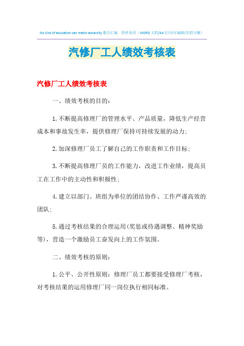 2021年汽修厂工人绩效考核表