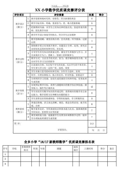 小学数学课堂教学评分表