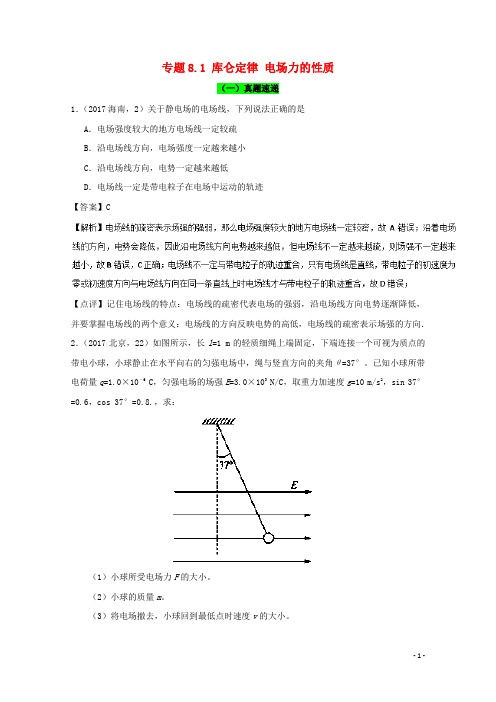 2018年高考物理一轮复习专题8.1库仑定律电场力的性质精讲深剖