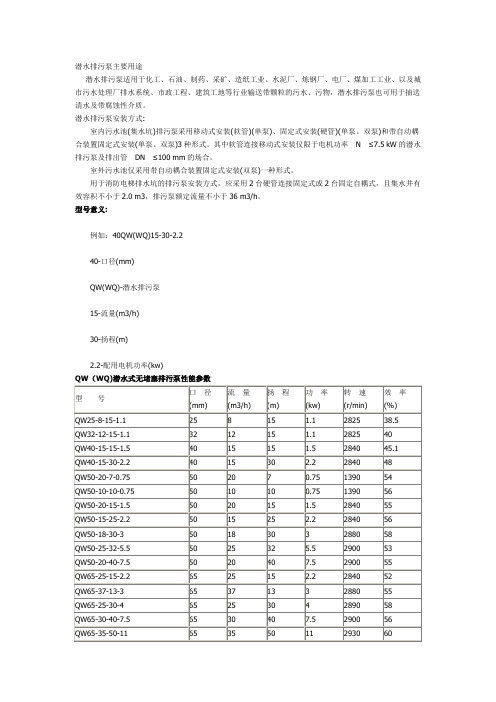 排污泵性能参数表