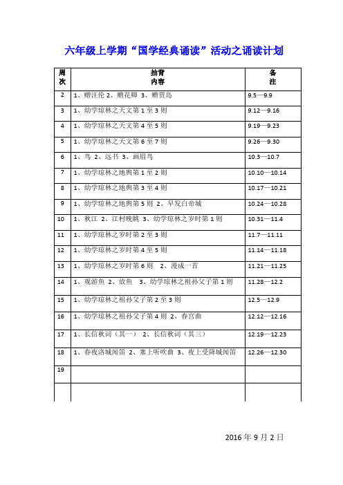 六年级上学期国学经典诵读计划