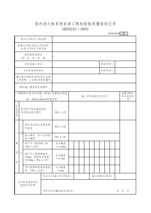 室内消火栓系统安装工程检验批质量验收记录