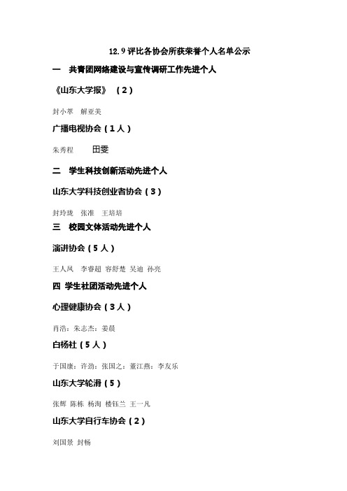 12.9评比各协会所获荣誉个人名单公示