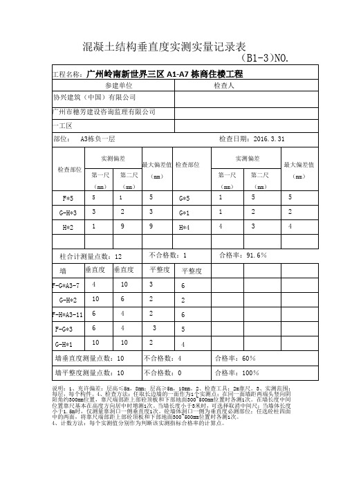 3混凝土结构垂直度检查记录表一工区