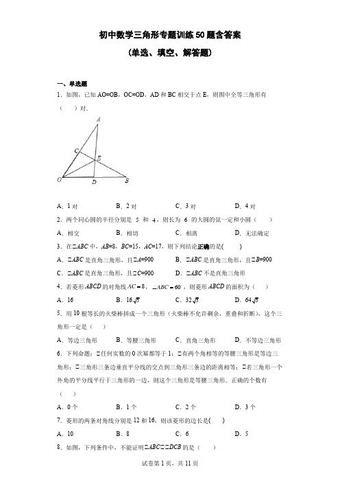 初中数学三角形专题训练50题含答案