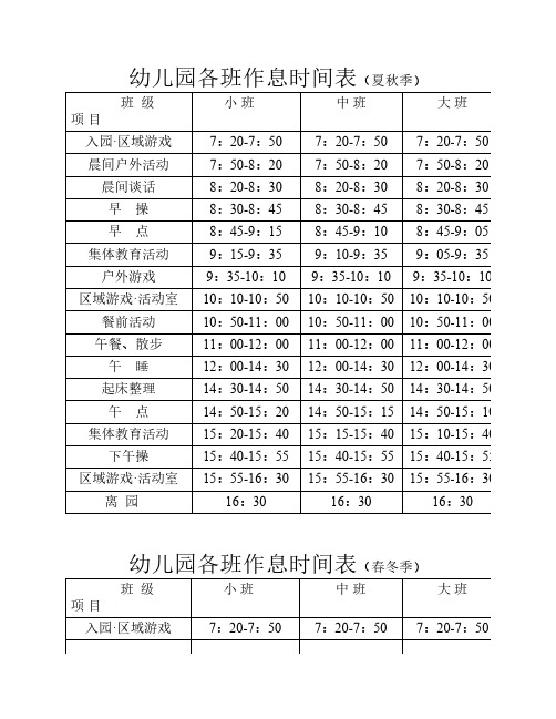 幼儿园各班作息时间表