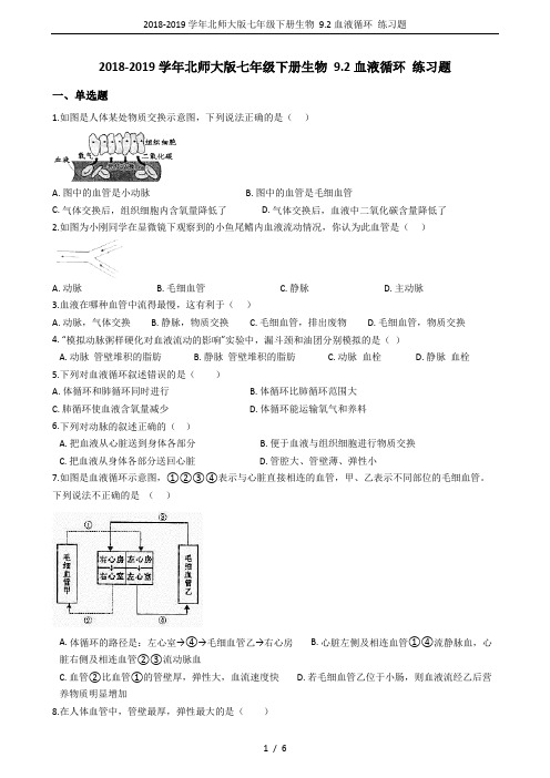 2018-2019学年北师大版七年级下册生物 9.2血液循环 练习题