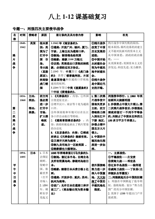 人教版历史八年级上册期中考提纲
