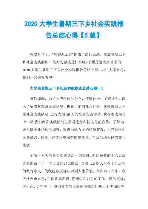 2020大学生暑期三下乡社会实践报告总结心得【5篇】