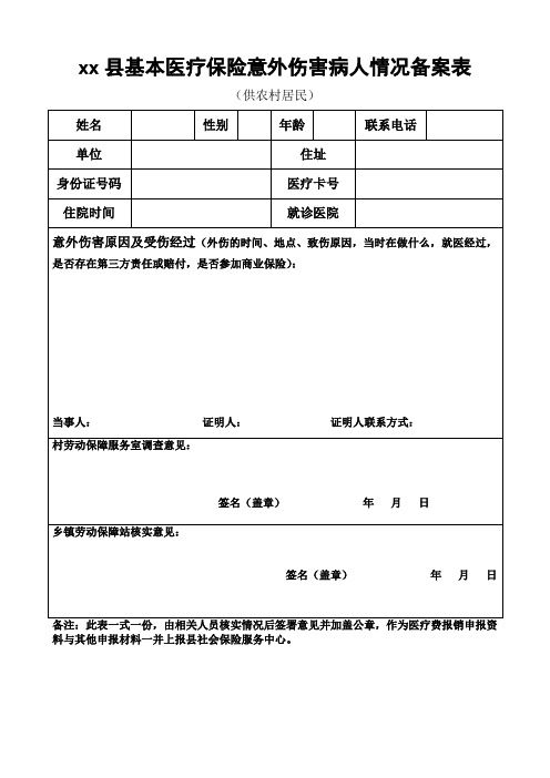 基本医疗保险意外伤害病人情况备案表农村人员