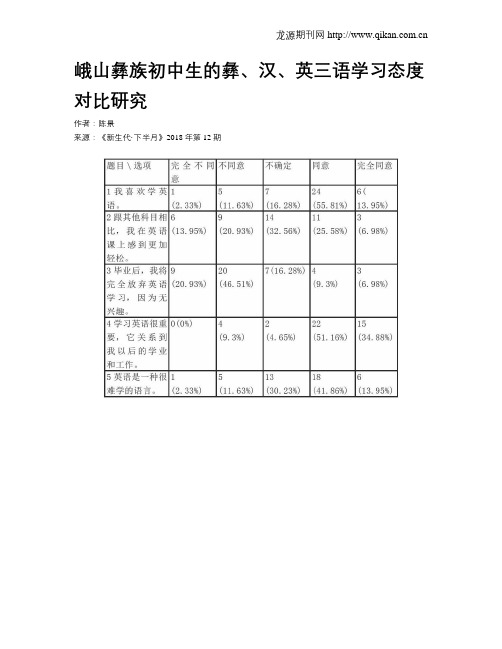 峨山彝族初中生的彝、汉、英三语学习态度对比研究