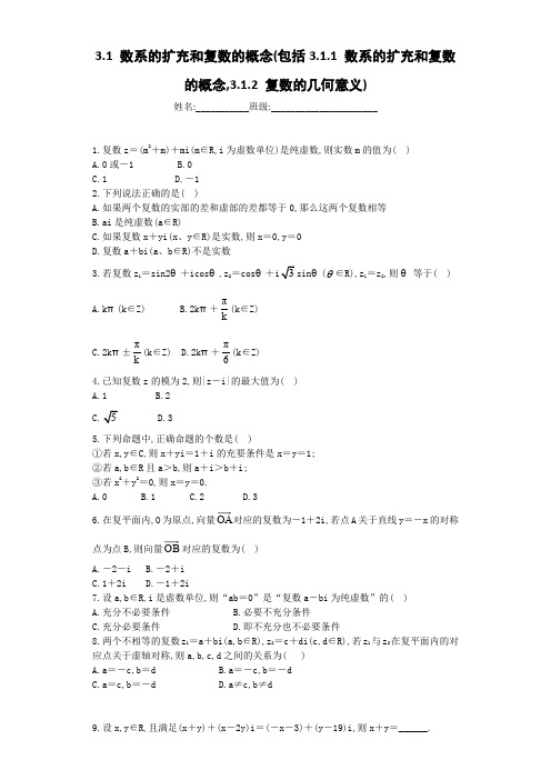 高中数学选修1-2单元配套练习试题3.1 数系的扩充和复数的概念及参考答案解析