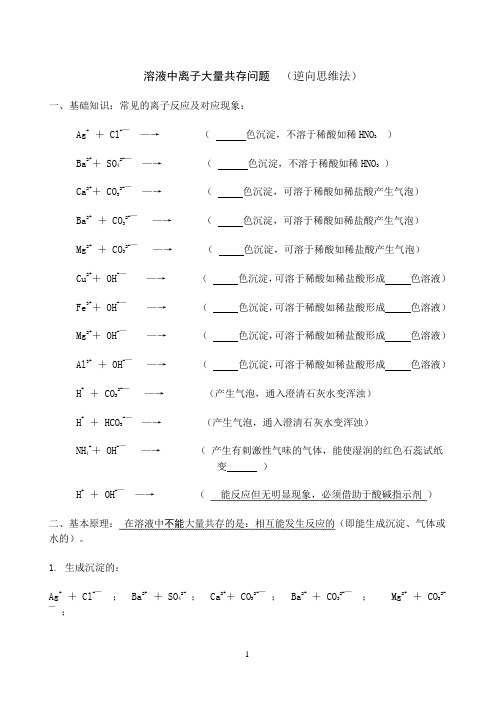溶液中离子大量共存问题(逆向思维法)