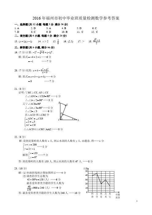 2016年福州市初中毕业班质量检测数学答案和评分标准