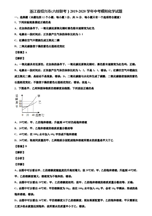 浙江省绍兴市(六校联考)2019-2020学年中考模拟化学试题含解析