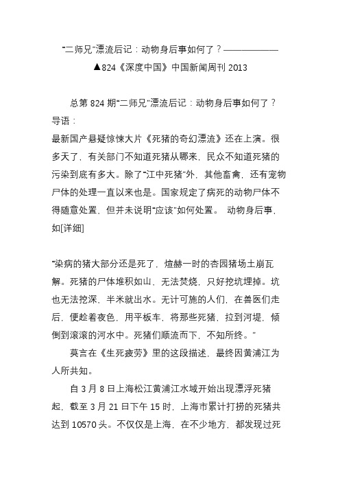 “二师兄”漂流后记：动物身后事如何了？▲824《深度中国》中国新闻周刊2013