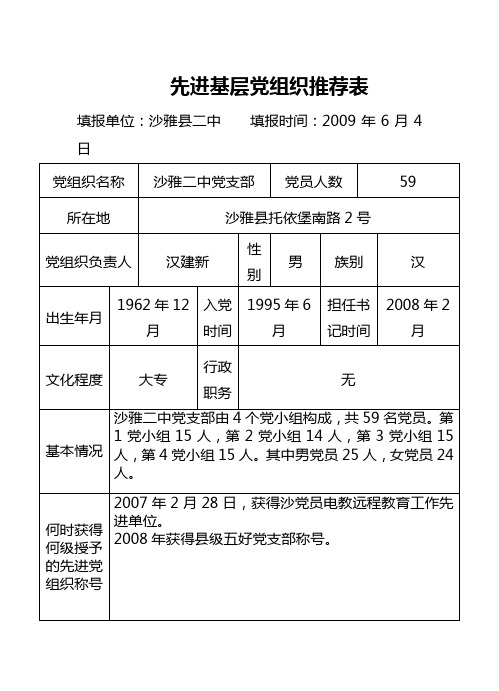 先进基层党组织推荐表