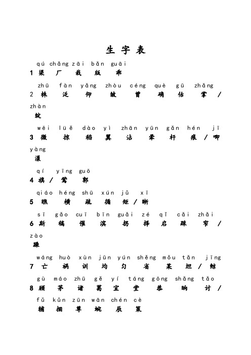 苏教版四年级下册生字表(注音版)-可直接打印