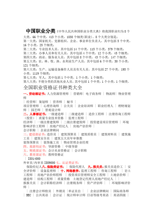 中国职业资格证书种类大全