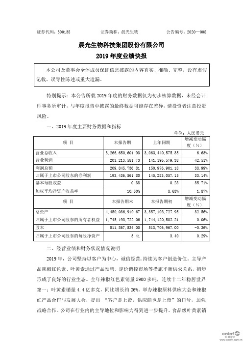 晨光生物：2019年度业绩快报