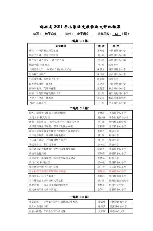 绍兴县2011年小学语文教学论文评比结果