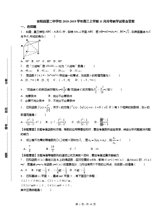 安阳县第二中学校2018-2019学年高三上学期11月月考数学试卷含答案