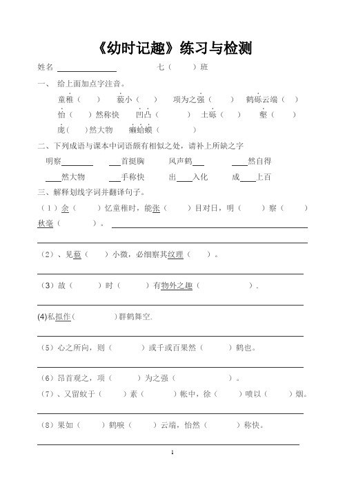 《幼时记趣》练习题精选