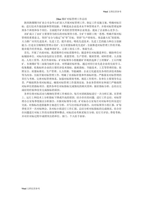 20xx煤矿对标管理工作总结
