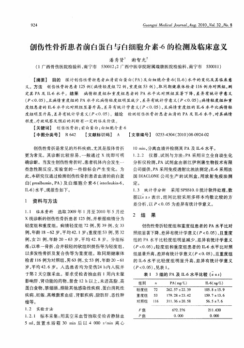 创伤性骨折患者前白蛋白与白细胞介素-6的检测及临床意义