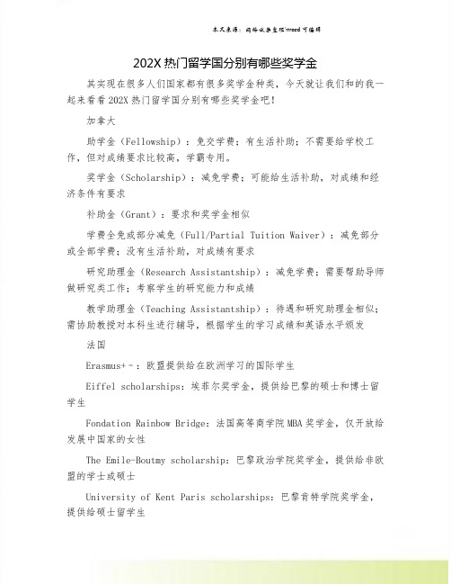 202X热门留学国分别有哪些奖学金.doc