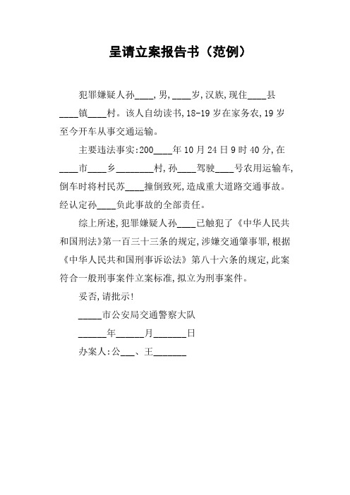 呈请立案报告书范例