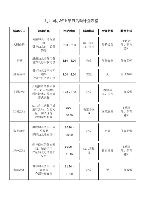 幼儿园小班上半日活动计划表格