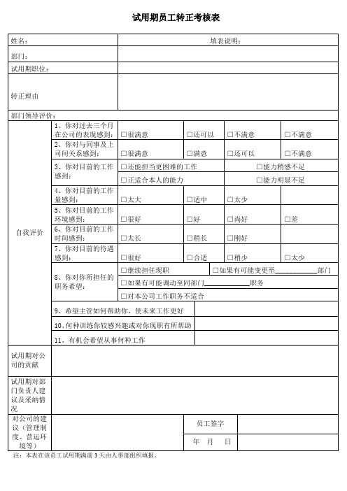 试用期员工转正考核表