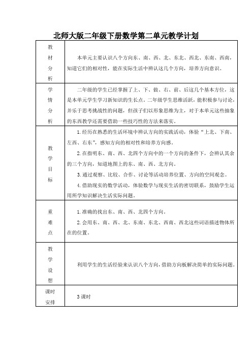 北师大版二年级下册数学第二单元教学计划