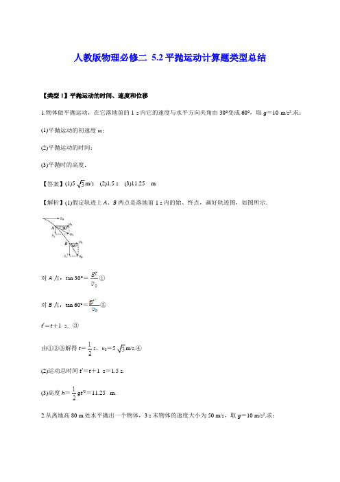 人教版物理必修二：平抛运动计算题类型总结(含解析)