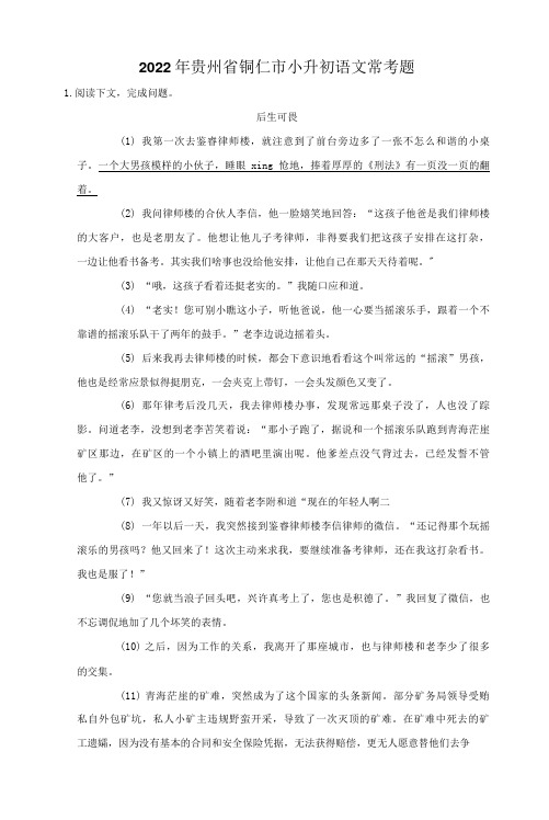 2022年贵州省铜仁市小升初语文常考题