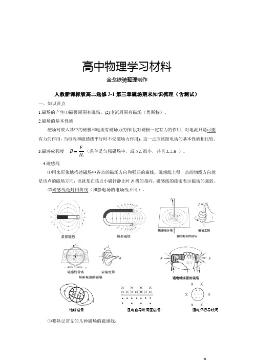 人教版高中物理选修3-1第三章磁场期末知识梳理(含测试)