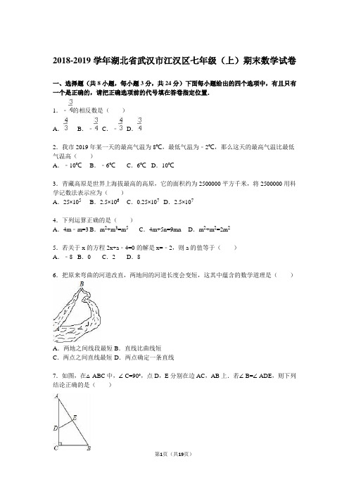 武汉市江汉区2018-2019学年七年级上期末数学试卷含答案解析 (1)