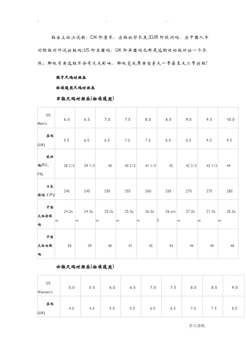 国际鞋尺码对照表